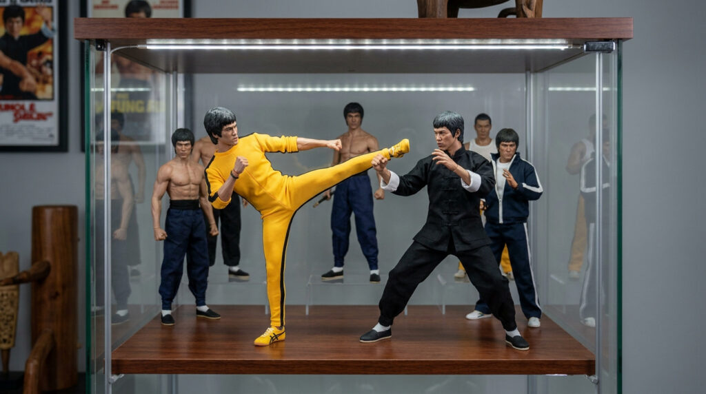 Vitrine éclairée contenant plusieurs figurines articulées réalistes de Bruce Lee dans différentes tenues de combat.