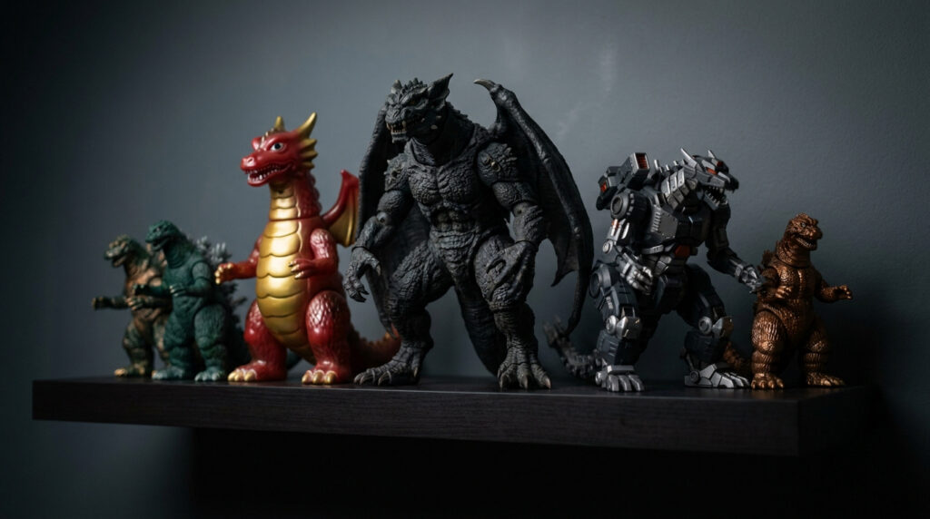 Une rangée de six figurines de monstres Godzilla et Kaiju sur une étagère en bois contre un mur gris.