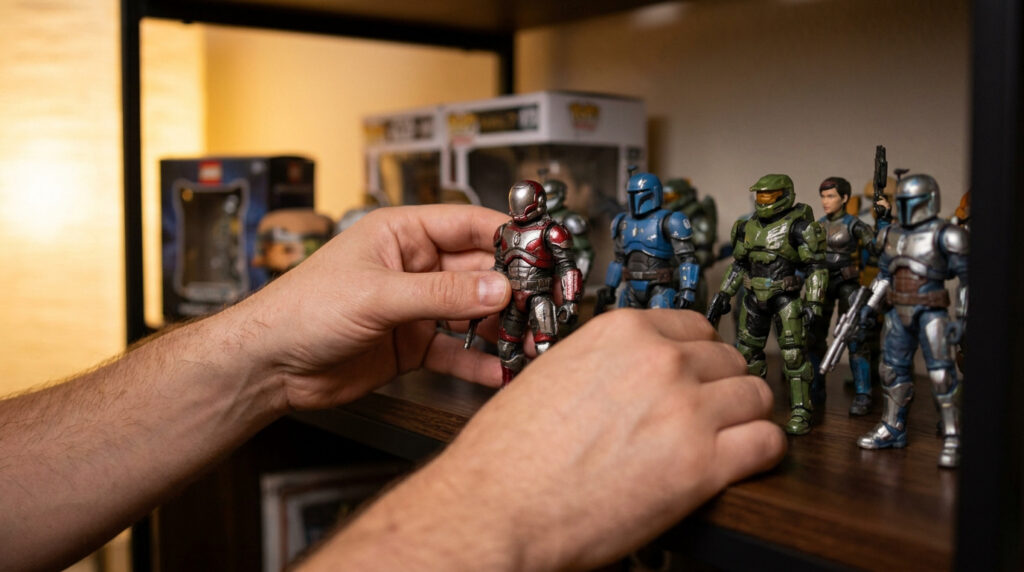 Mains manipulant une figurine articulée rouge devant une étagère remplie de personnages de jeux vidéo et de films.