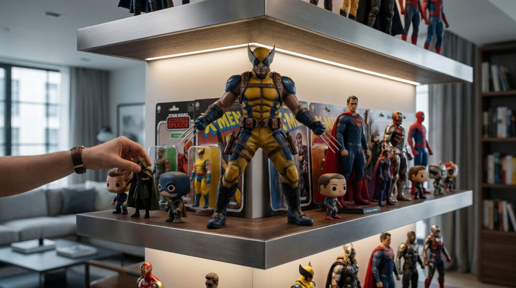 Une main place une figurine sur une étagère éclairée remplie de figurines de collection Marvel et DC Comics.