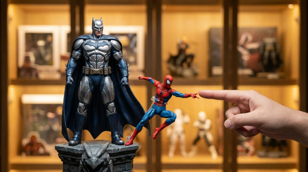 Main touchant une figurine articulée de Spider-Man à côté d'une statue en résine de Batman sur une étagère.
