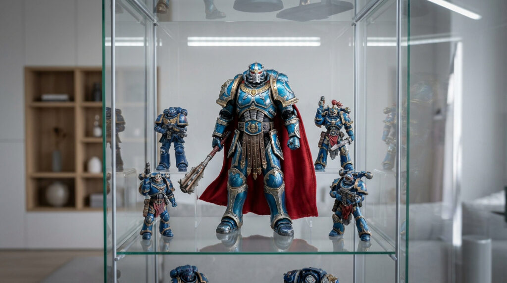 Une grande figurine de guerrier bleu et or entourée de quatre plus petites figurines dans une vitrine en verre.