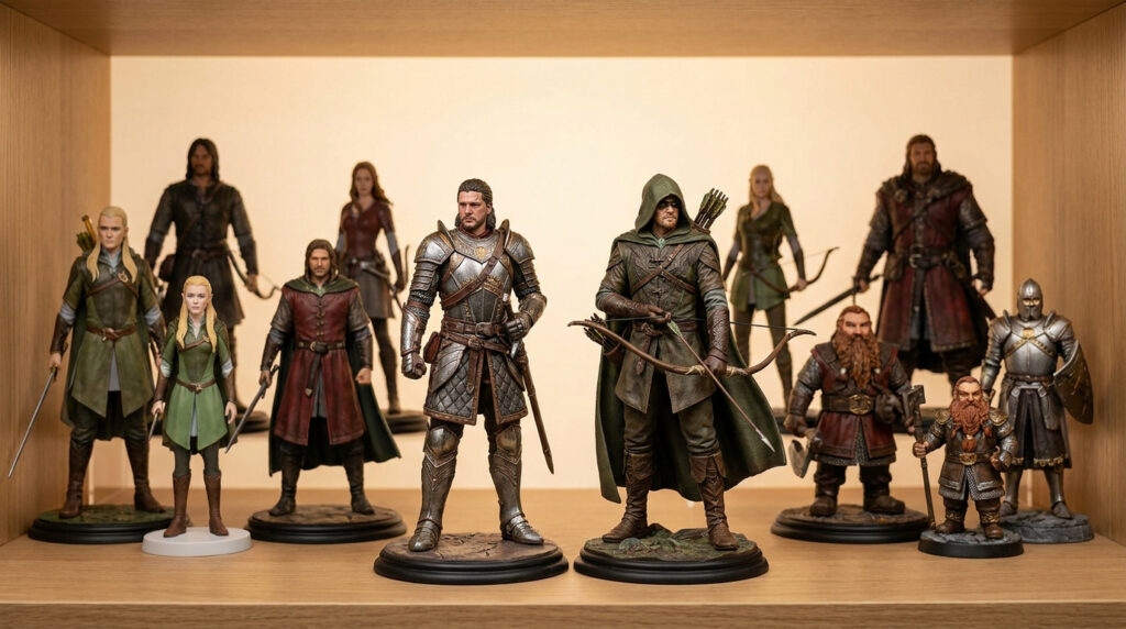Une collection de figurines détaillées inspirées du genre médiéval-fantastique exposées sur une étagère en bois.