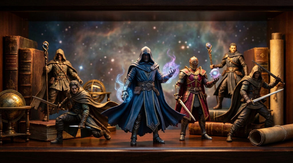 Figurines fantastiques inspirées de Dr Strange posées sur une étagère avec des livres anciens et un fond de nébuleuse.