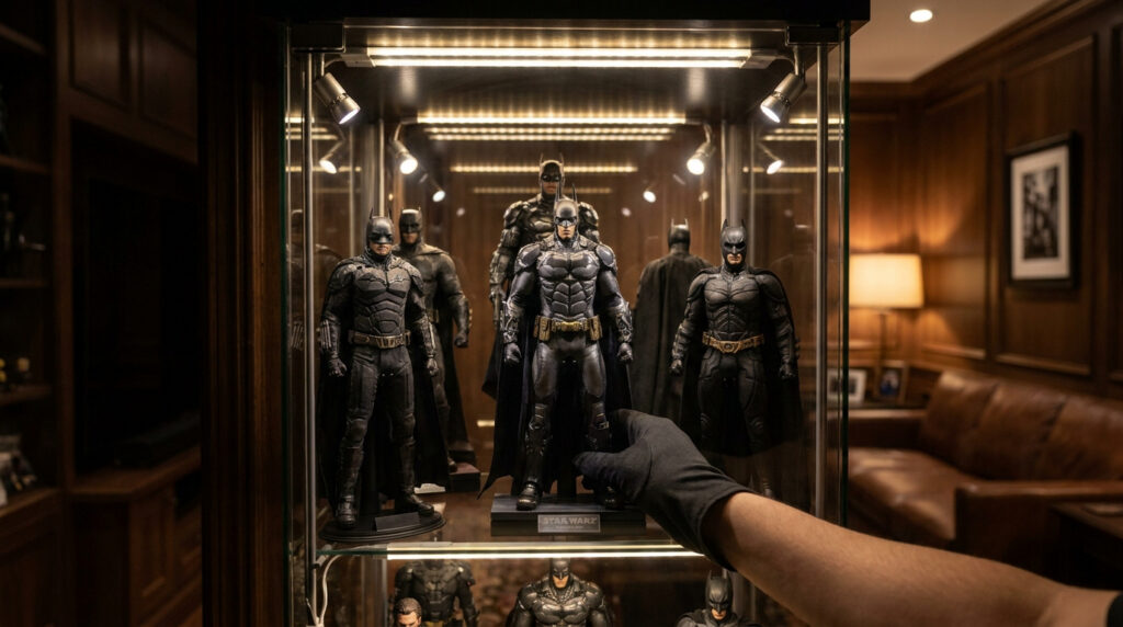 Une main gantée ajuste une figurine de collection Batman dans une vitrine éclairée avec plusieurs autres statues.