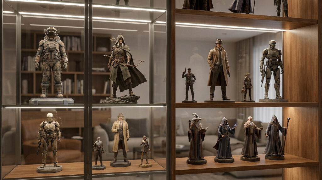 Vitrine moderne éclairée exposant des figurines détaillées de personnages issus de films et séries populaires.