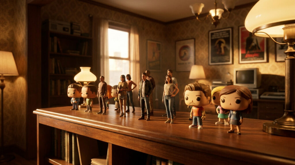 Figurines Stranger Things mélangeant des versions réalistes et des styles Funko Pop sur une table en bois.