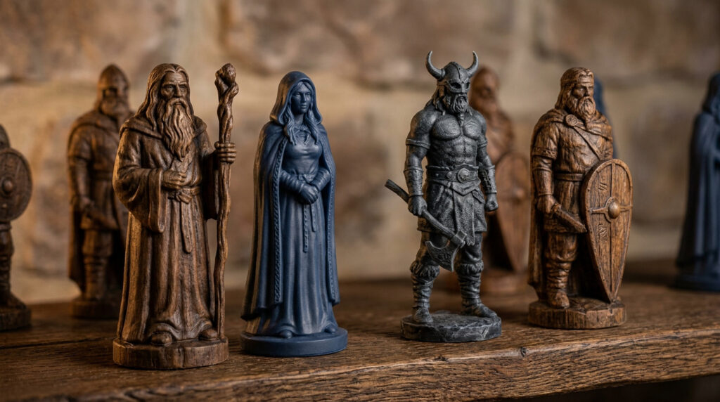 Collection de figurines vikings en résine disposées sur une étagère en bois avec un mur de pierre en arrière-plan.