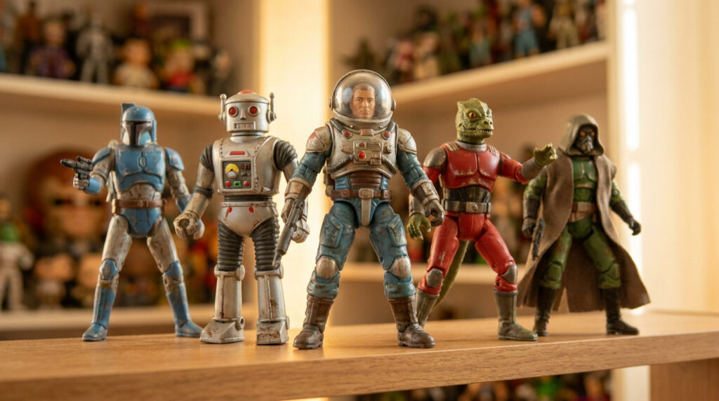 Cinq figurines Star Wars rétro alignées sur une étagère en bois devant une collection floue.