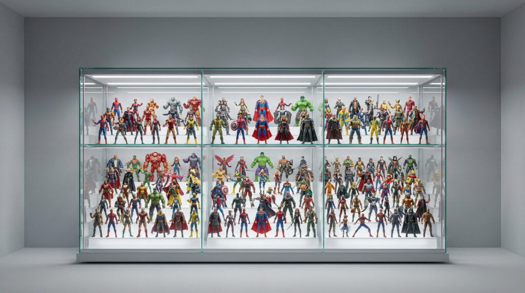 Une grande vitrine en verre éclairée exposant une vaste collection de figurines articulées de super-héros Marvel.