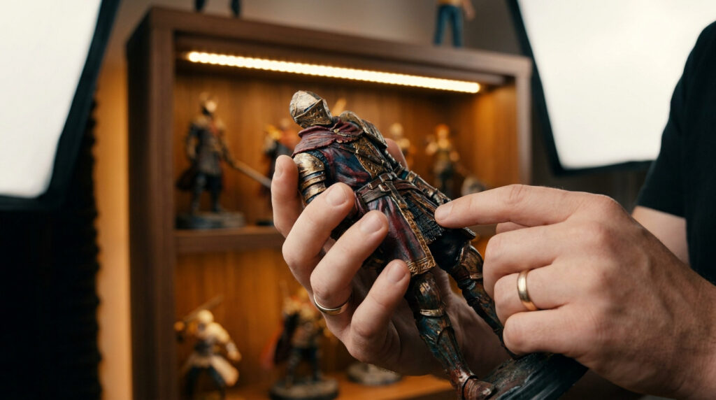 Mains examinant une figurine de chevalier médiéval devant une étagère éclairée remplie d'autres figurines.