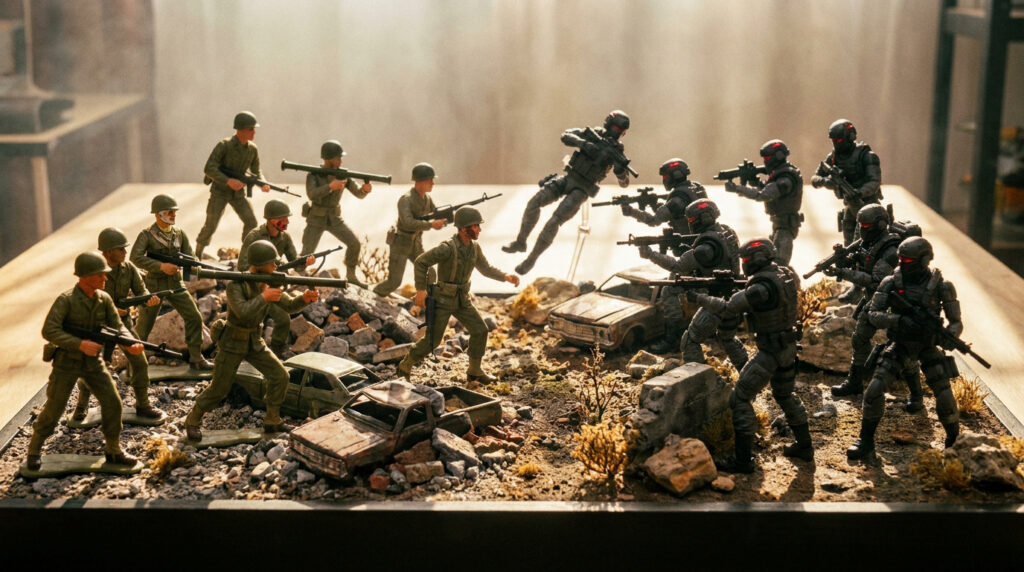 Figurines G.I. Joe classiques face à des soldats futuristes sur un diorama détaillé de champ de bataille urbain.