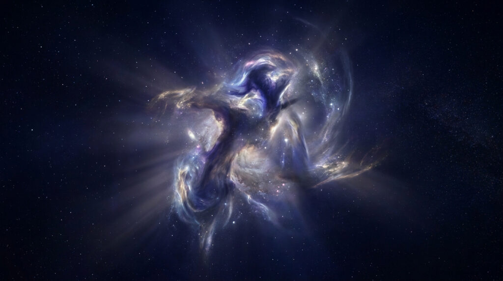 Une nébuleuse cosmique aux nuances bleues et violettes évoquant la silhouette mystérieuse de Pennywise dans l'espace.