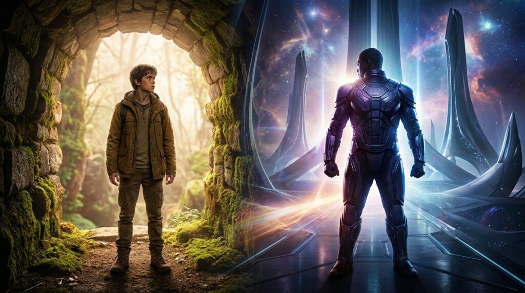 Montage opposant un jeune homme dans une grotte ancienne et un super-héros en armure futuriste dans l'espace.