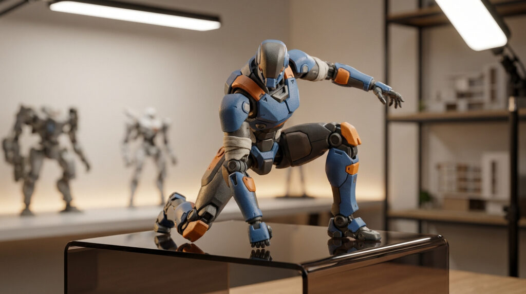 Figurine articulée robotique bleue et orange en pose dynamique sur un socle en verre.
