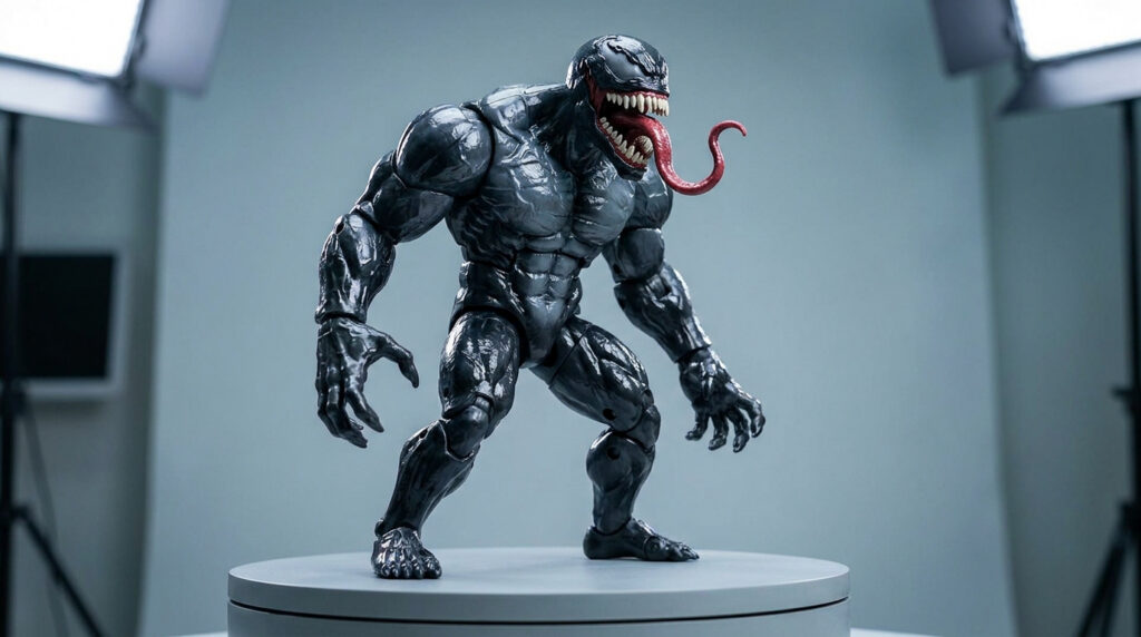 Figurine articulée de Venom posée sur un socle rotatif dans un studio photo professionnel.