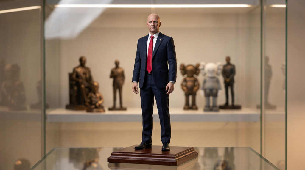 Une figurine réaliste de l'Agent 47 en costume bleu et cravate rouge, exposée dans une vitrine éclairée.