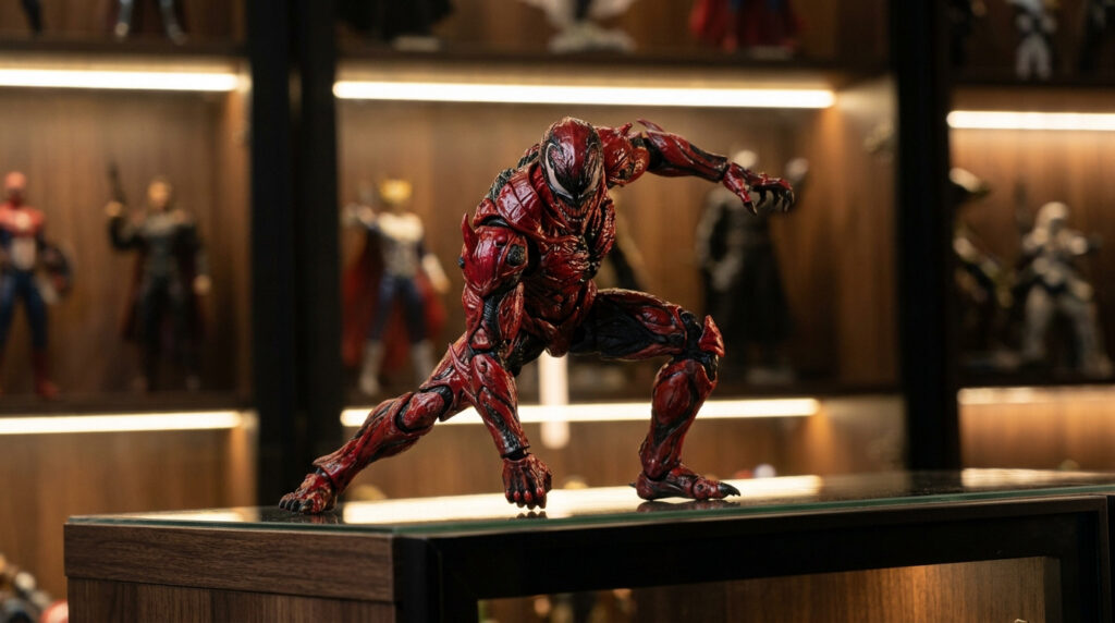 Figurine articulée rouge et noire de Carnage dans une pose dynamique sur un socle en verre.