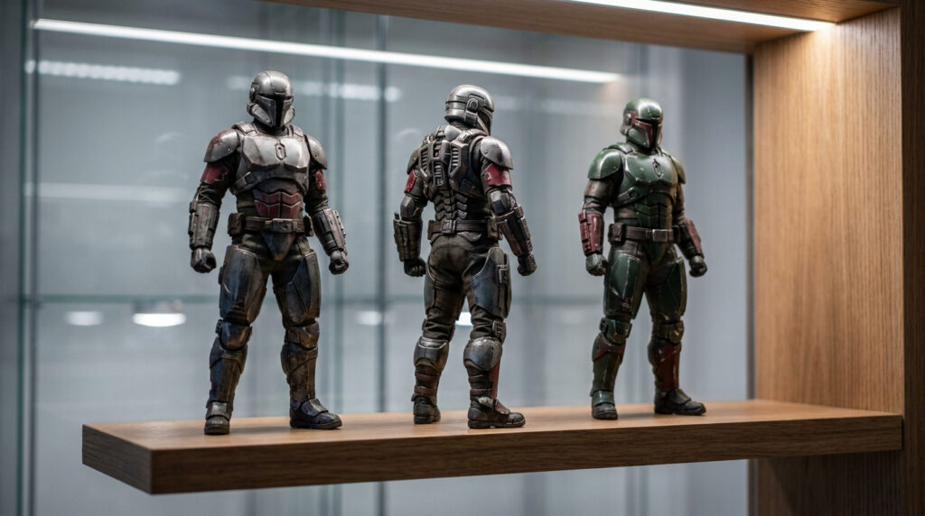 Trois figurines détaillées de soldats en armure futuriste exposées sur une étagère en bois dans une vitrine.