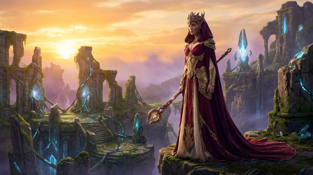 Teela, en costume royal rouge et doré, tenant un sceptre devant des ruines antiques sur Eternia au coucher du soleil.