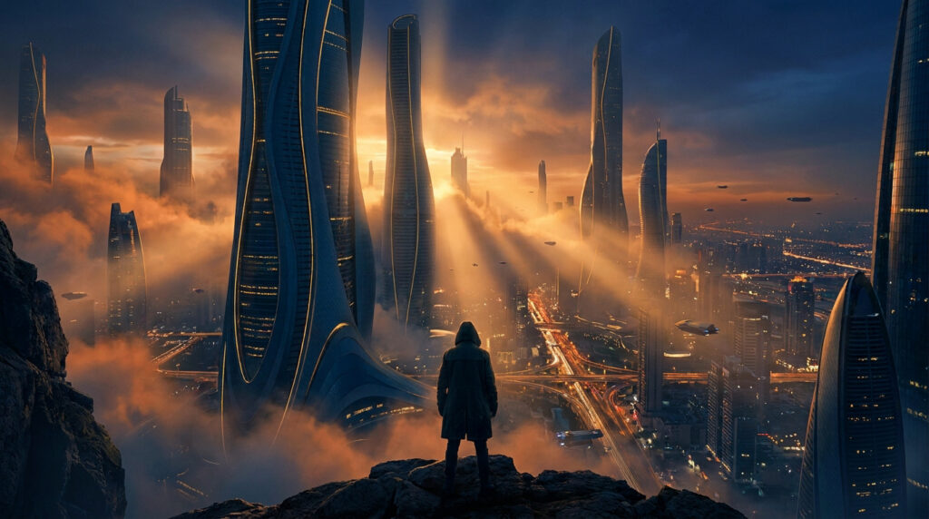 Un personnage solitaire contemple une cité futuriste de gratte-ciels dorés au-dessus des nuages au coucher du soleil.