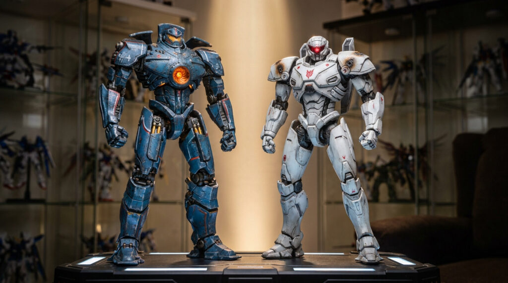 Deux figurines de robots Pacific Rim, une bleue et une blanche, posées sur un socle devant une vitrine de collection.