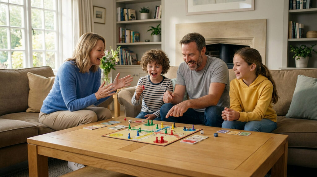 Une famille souriante joue à un jeu de plateau sur une table basse dans un salon chaleureux.