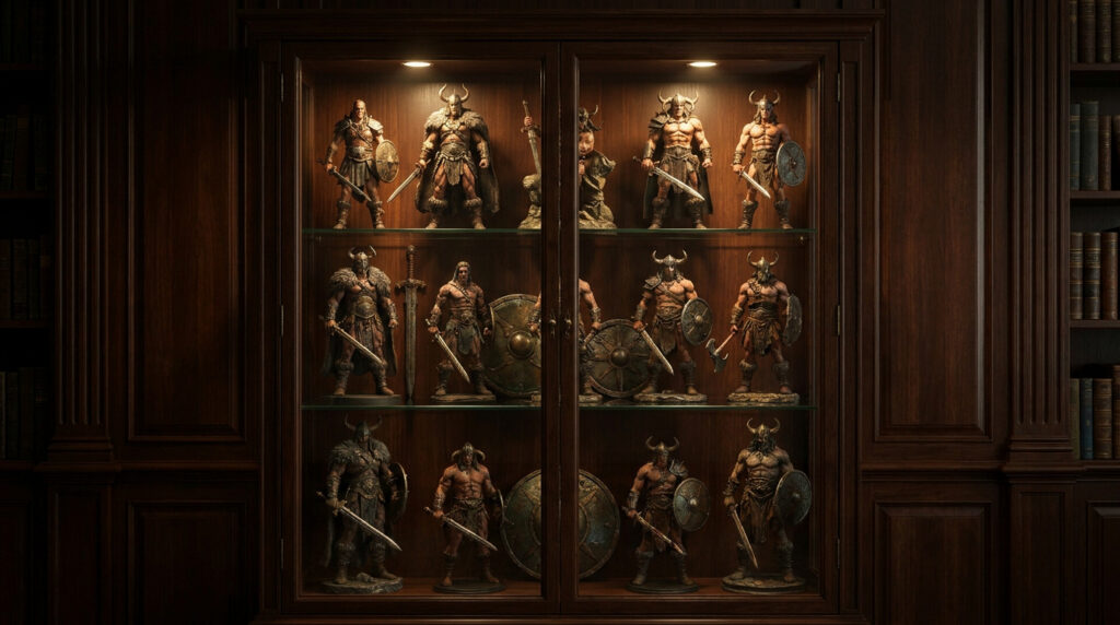 Vitrine en bois sombre éclairée présentant plusieurs figurines détaillées de Conan le Barbare avec des épées et boucliers.